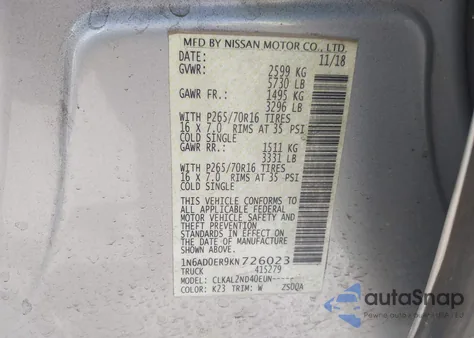 2019 Nissan Frontier Sv z USA, uszkodzony, nr VIN 1N6AD0ER9KN726023